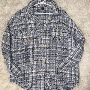 Blue and White Plaid Button-Up Jacket